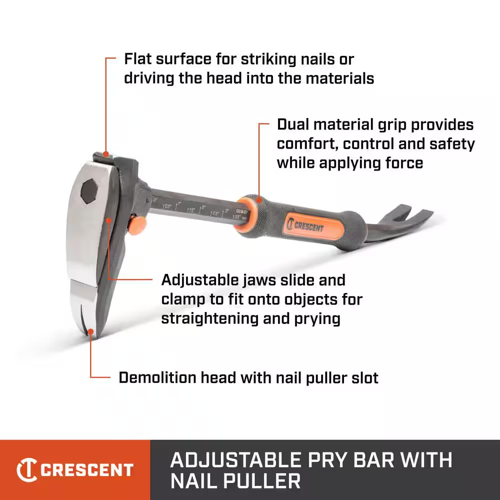 16 In. Adjustable Board Bending Pry Bar with Nail Puller and Grip