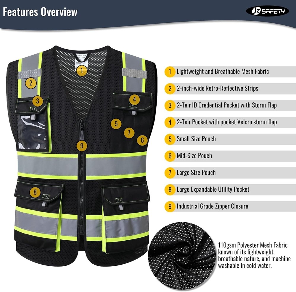 Hi Vis Safety Vest Mesh Black Size L