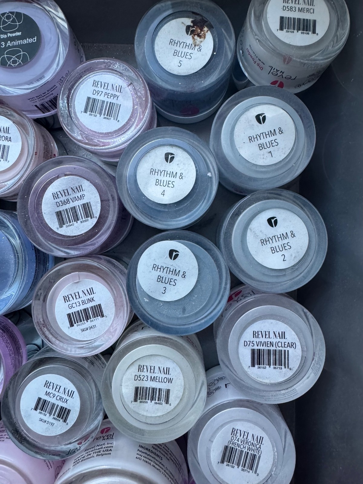 Revel Nail Dip Powders Over 70 .5 Assorted Jars Mostly Full.