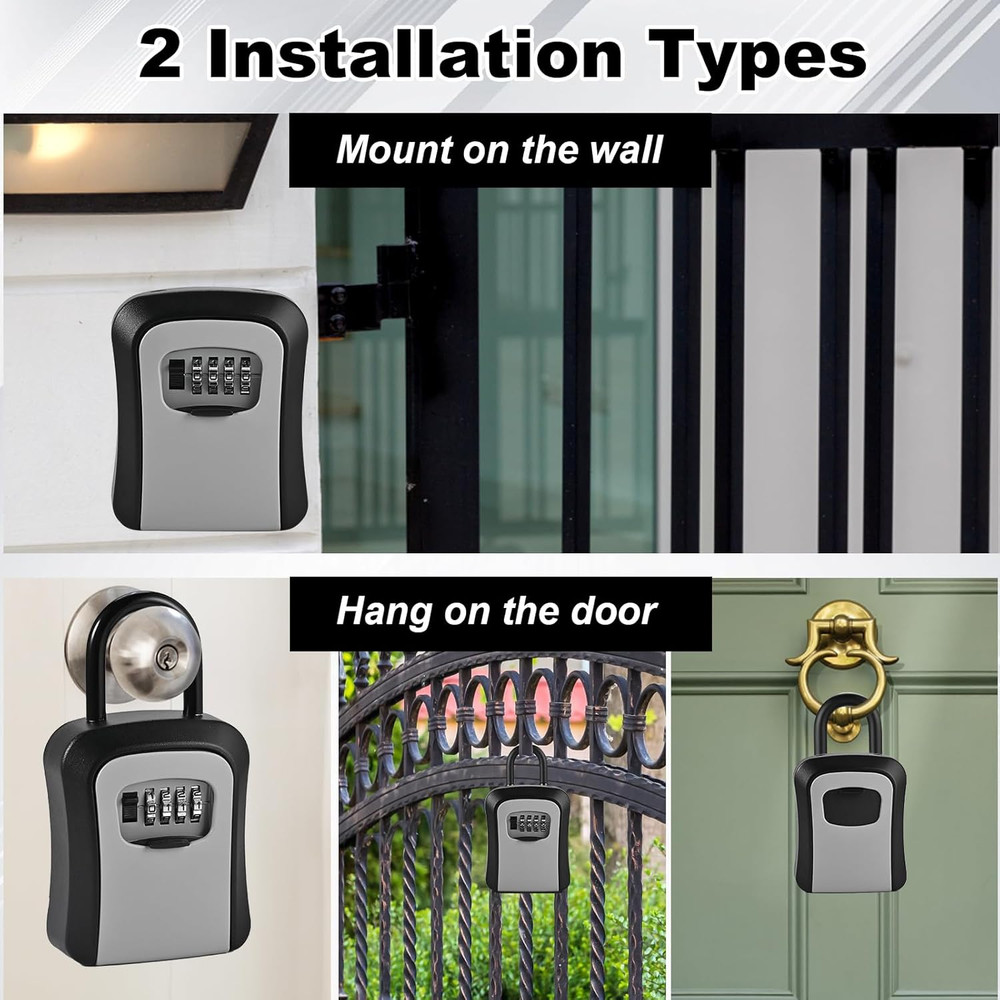Large Waterproof Key Lock Box - 6 PCS Portable Wall Mount with Code - Gray