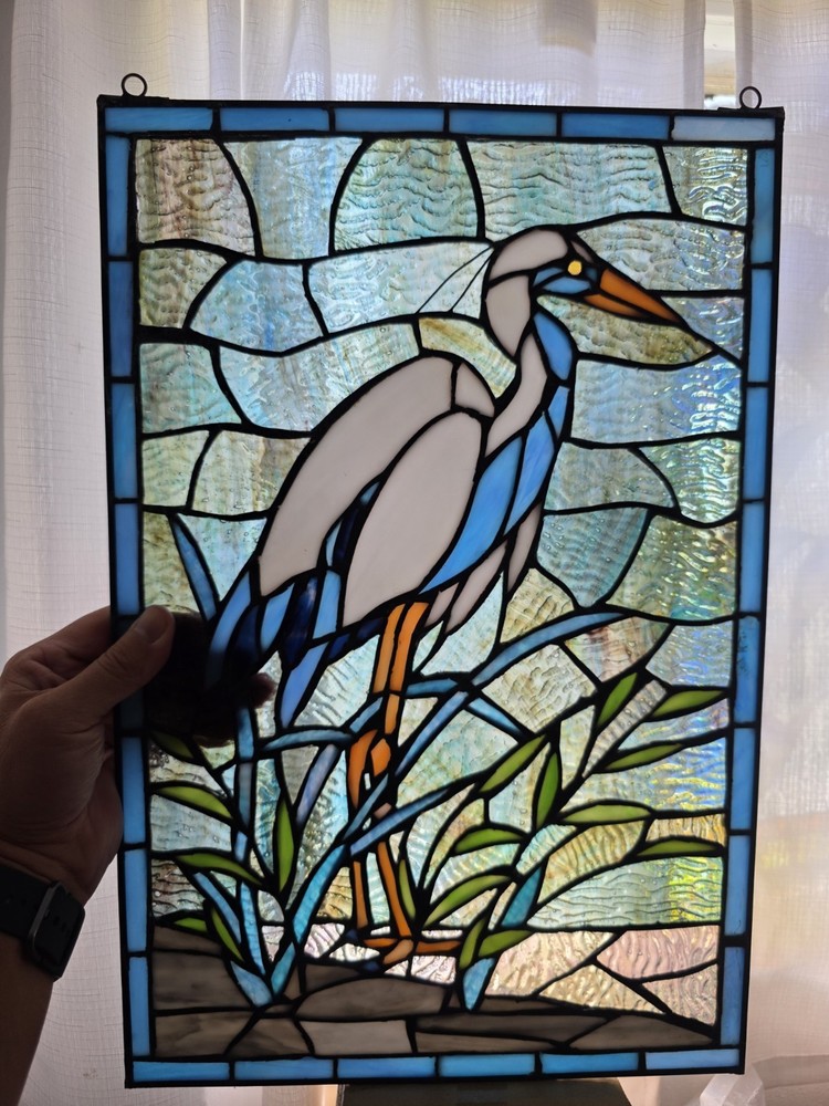 18" White & Blue Crane Stained Glass Window Panel