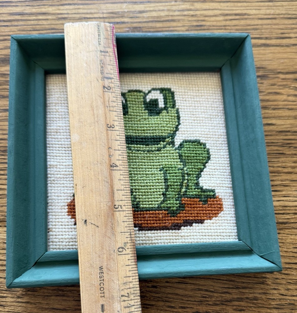 Vintage Frog Needlepoint Mini Wood Frame