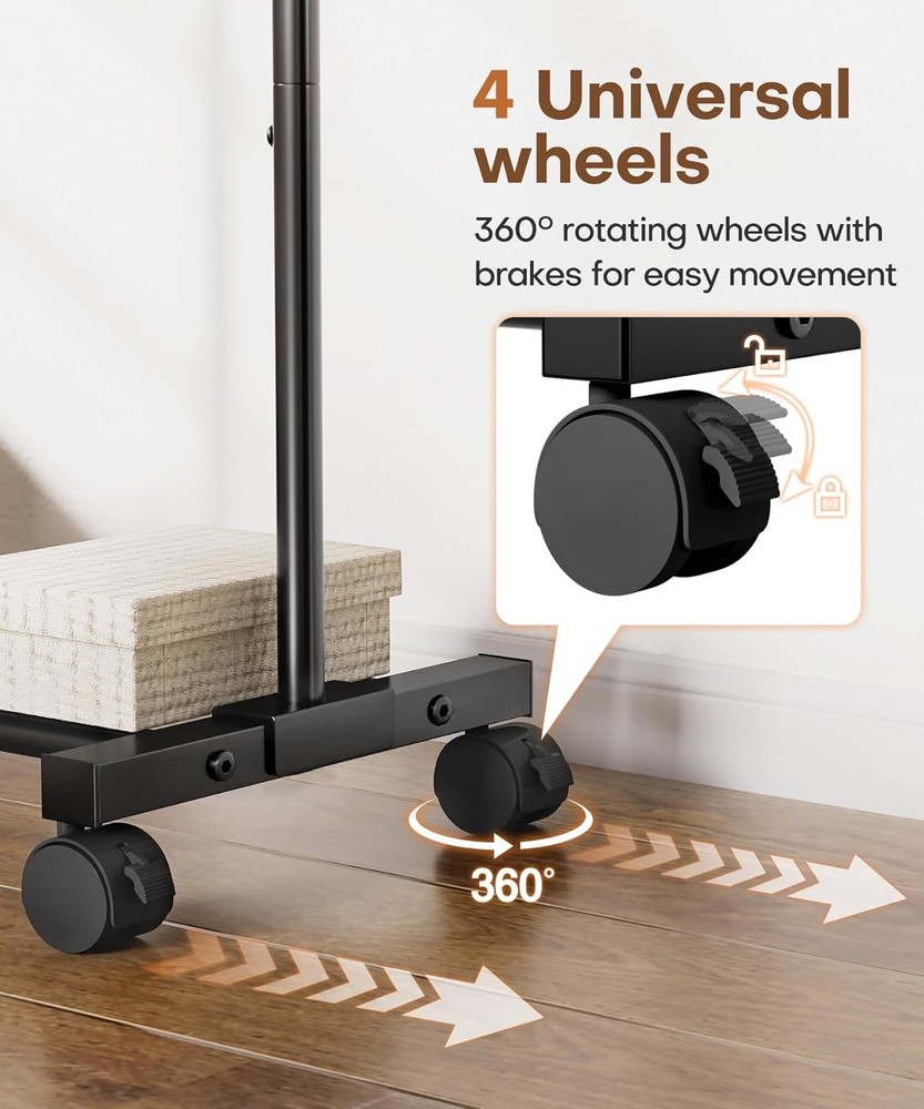 Adjustable Rolling Clothes Rack with Hooks - Heavy Duty Indoor Storage