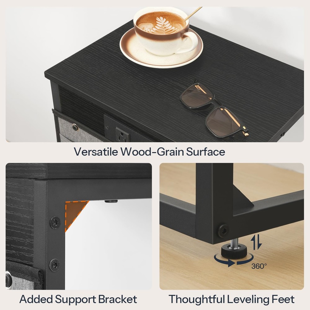 BB77USF01 Black C Shaped End Table With Charging Station Adjustable Height