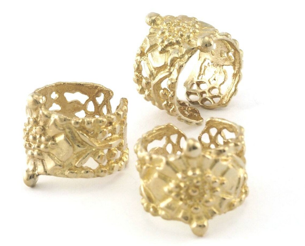 Signet Ring Flower Adjustable Raw Brass 4097