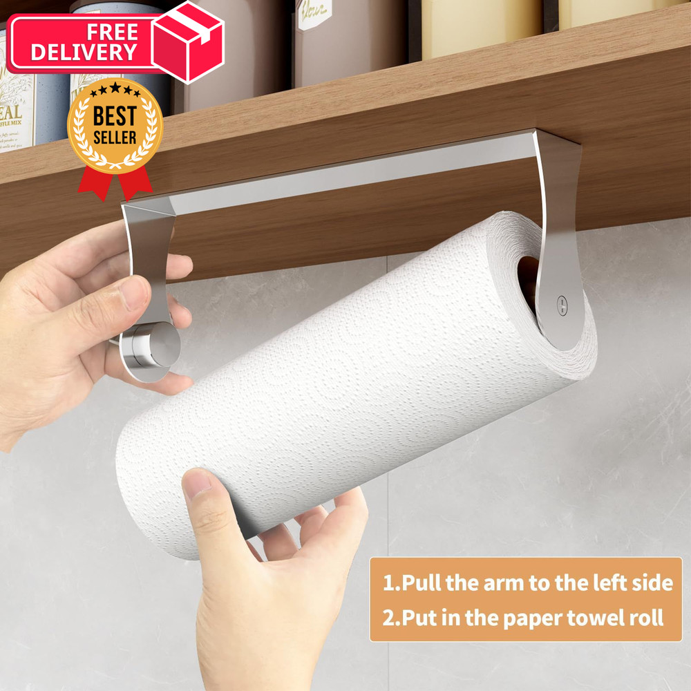 Paper Towel Holder Under Cabinet, Wall Mount for Silver