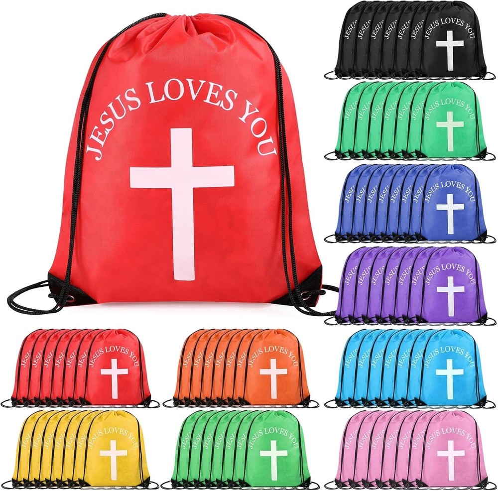 Jesus Loves You Drawstring Backpack Bulk Easter Church Gifts Multicolor