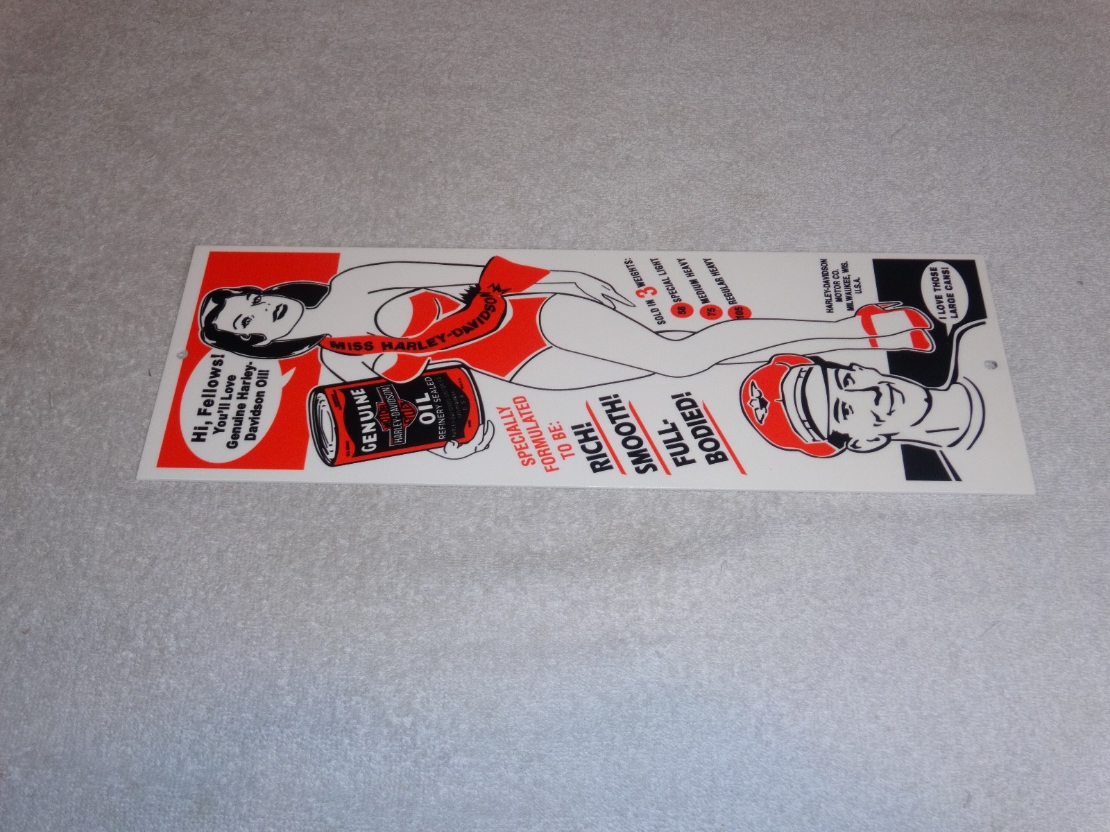 VINTAGE HARLEY DAVIDSON MOTORCYCLES WOMAN W/ LG OIL CANS 15" METAL GASOLINE SIGN