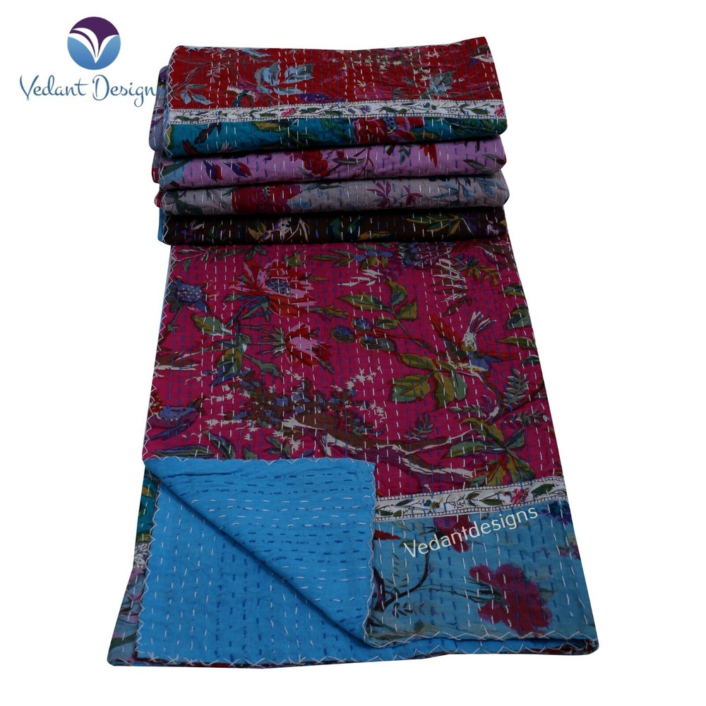 Indian Patchwork Kantha Quilt Handmade Bedspread Reversible Blanket Throw Gudri