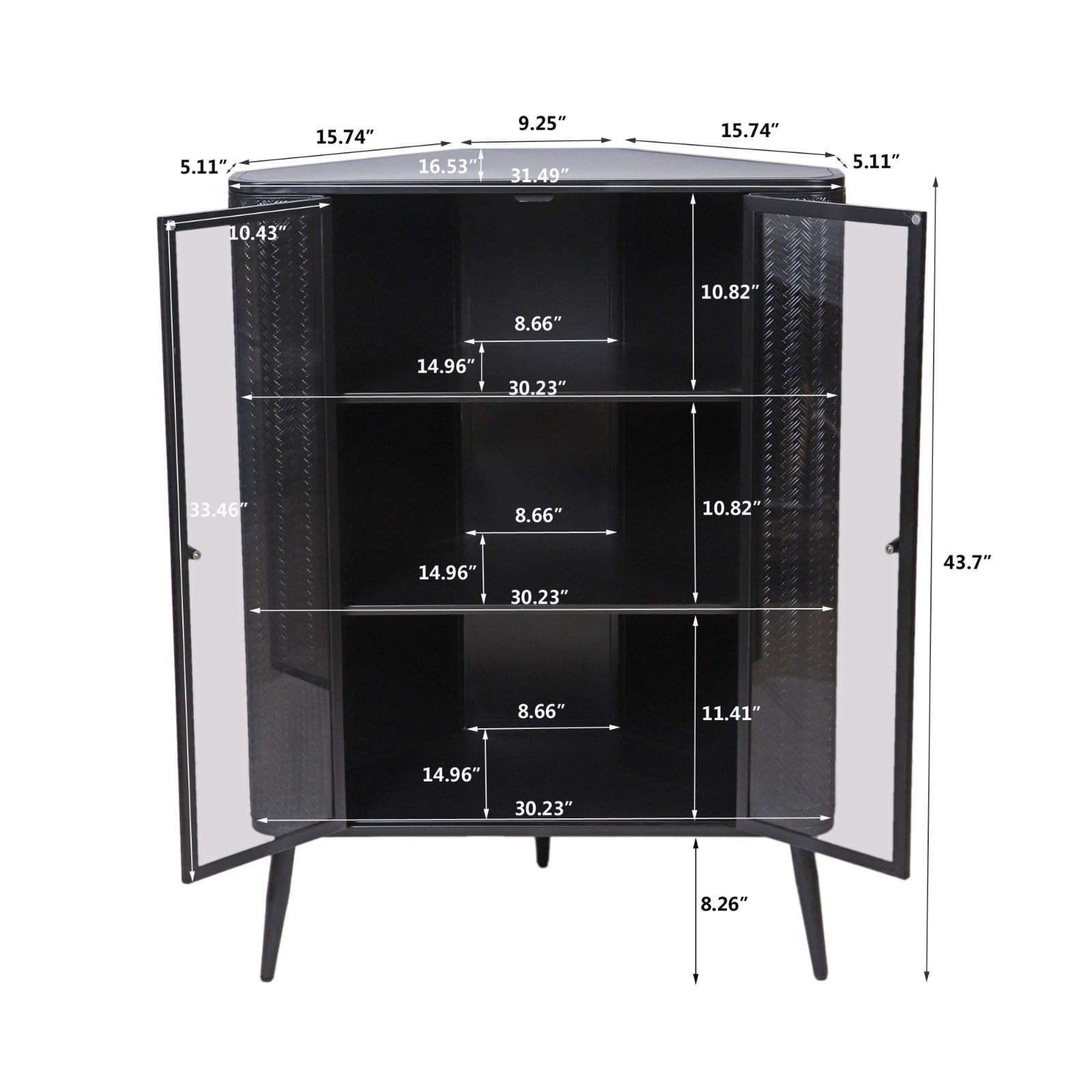 Modern Corner Storage Cabinet with Glass Doors and 3 Shelves, Metal Frame