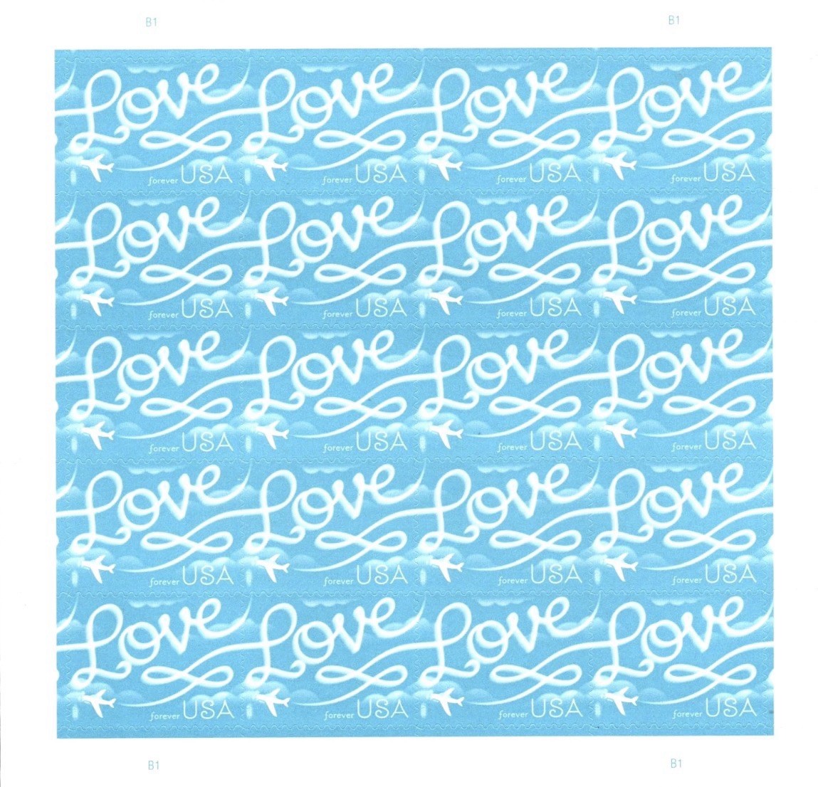 2017 USPS SHEET OF 20 FIRST CLASS LETTER STAMPS LOVE SKYWRITING 78¢