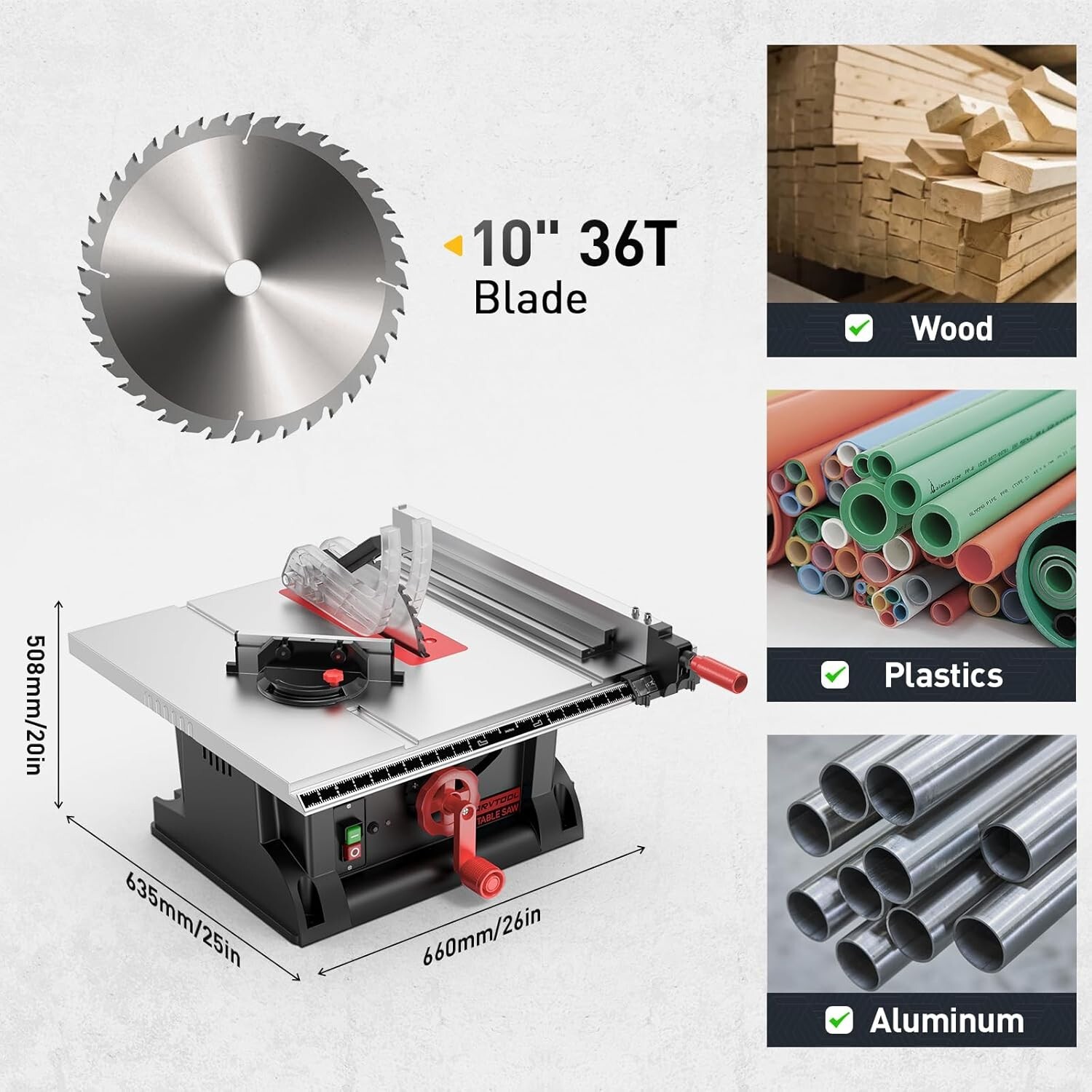 MarvTool Table Saw 10in 15Amp Lightweight Portable 4600RPM 45&90 Degree Cutting