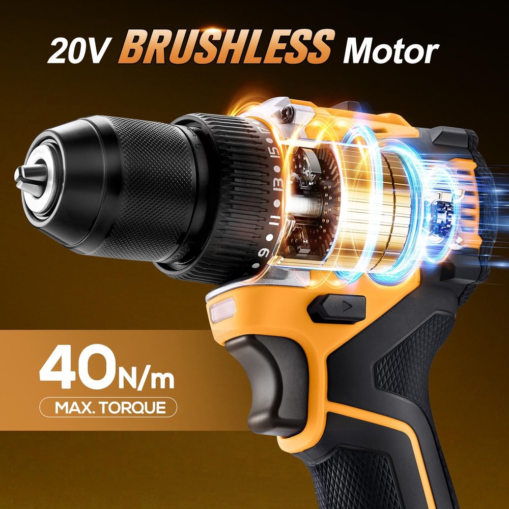 20V Brushless Cordless Drill/Driver, Compact Power Drill Set, Yellow Recharge...