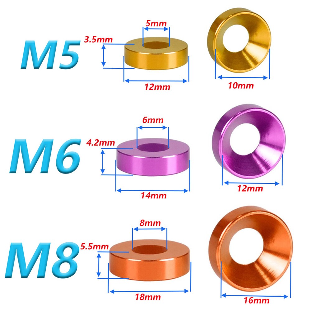 M5 M6 M8 Anodised Aluminium Countersunk Washers For Computer Case 10 Colours