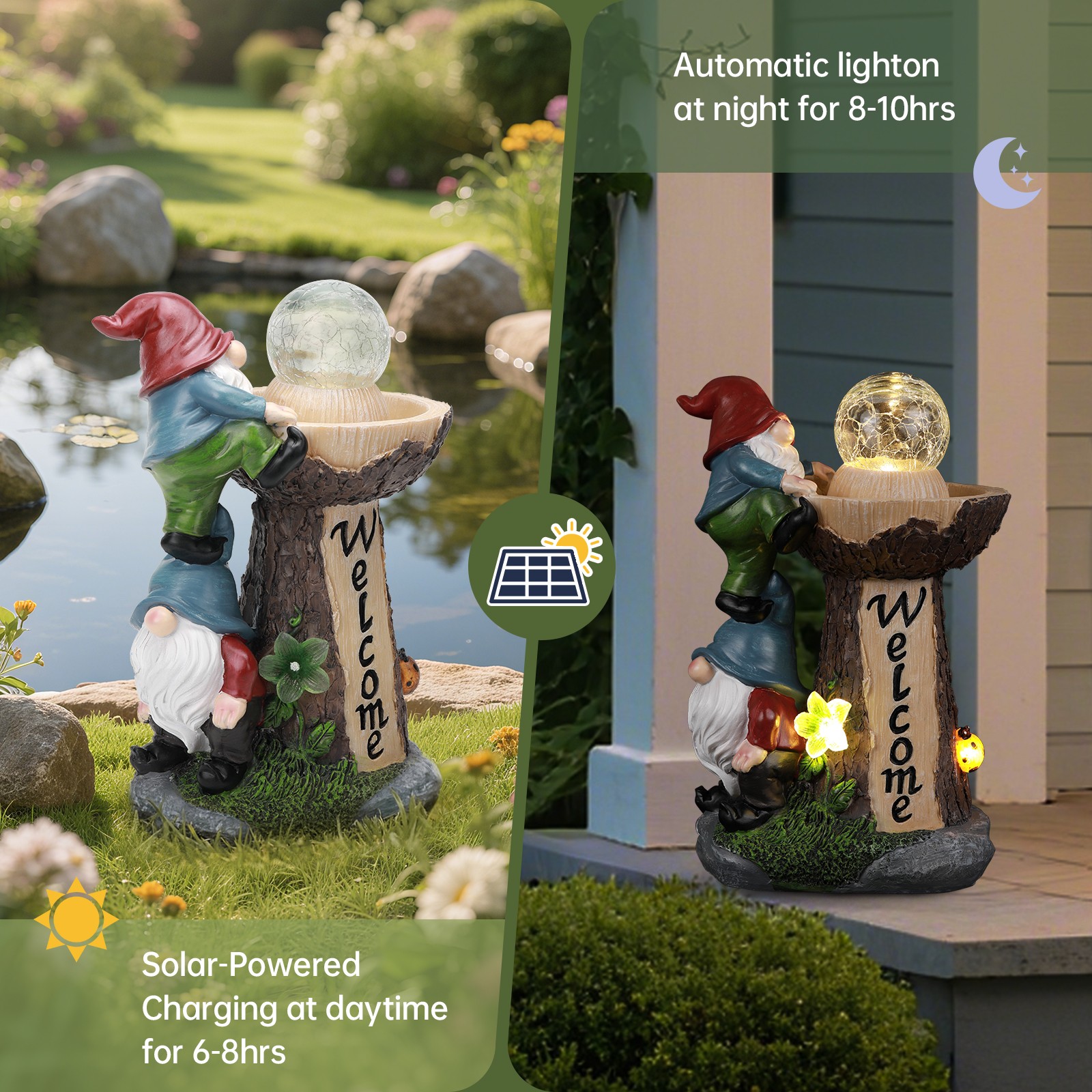 Solar-Powered Weatherproof Gnome Statue with Built-in LED Lights (Resin)