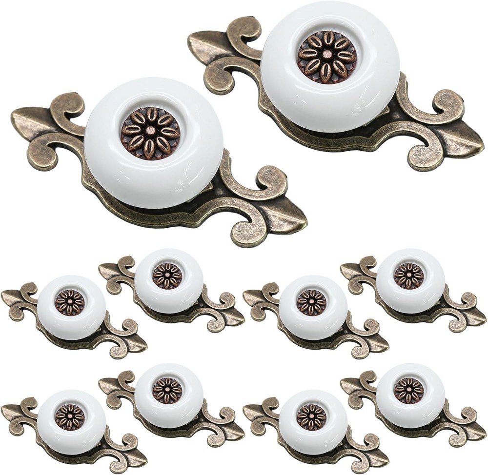 10pcs Ceramic Knobs White Dresser Knobs, Vintage Cabinet Knobs with Antique Bron