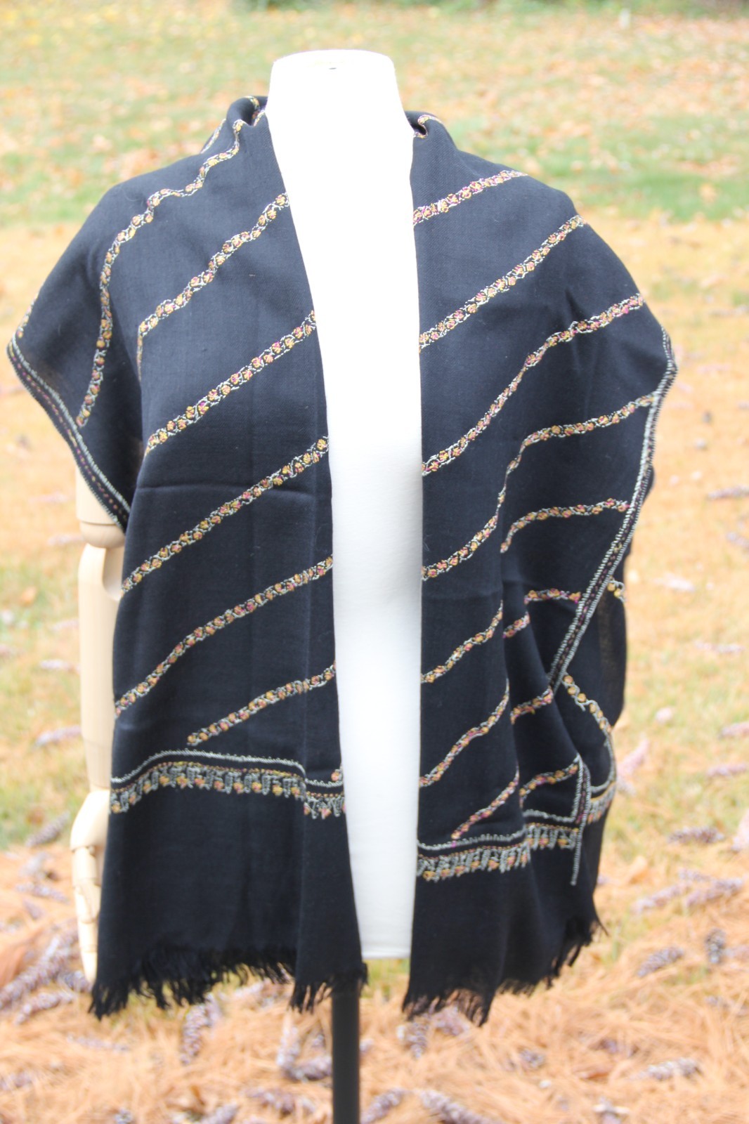 Wool Large Throw/Shawl Black Embroidered Trim and Fringe 76"x25"