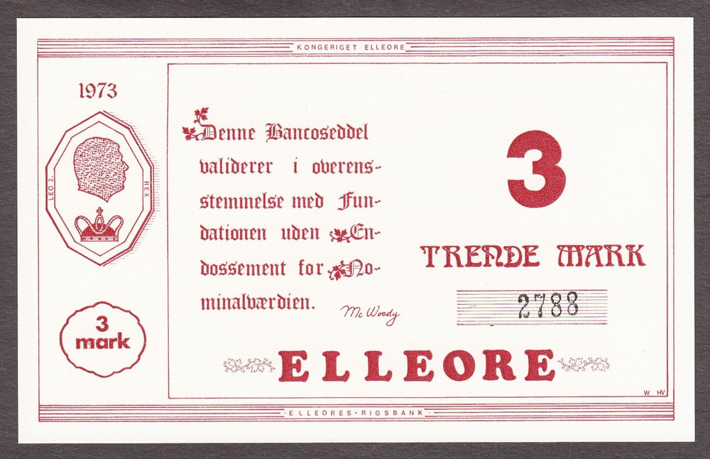 Elleore, Denmark Local Currency 3 Mark 1973 UNC