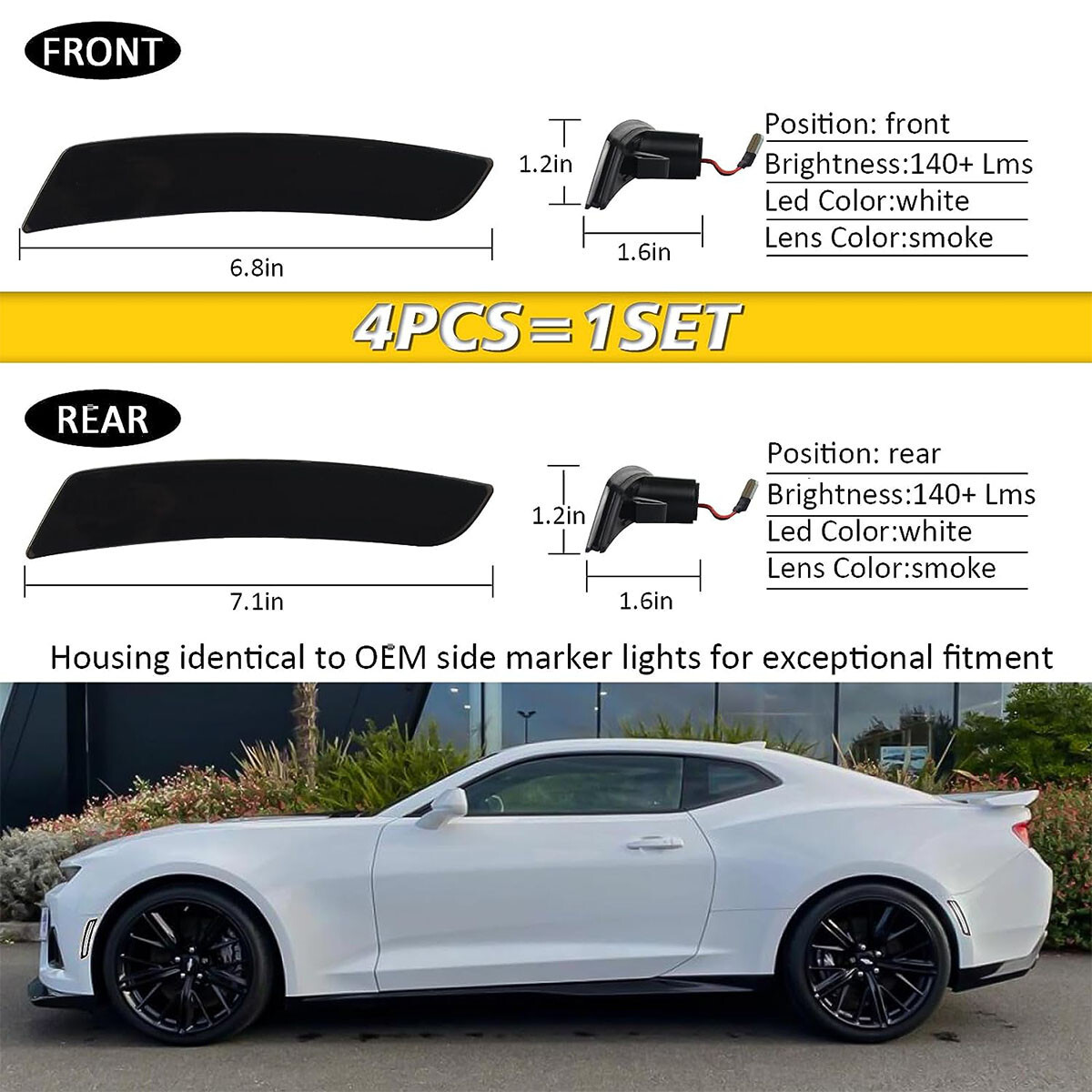 4X LED Side Marker Lights Front Rear Set for Chevy Camaro LS LT SS ZL1 2016-2022