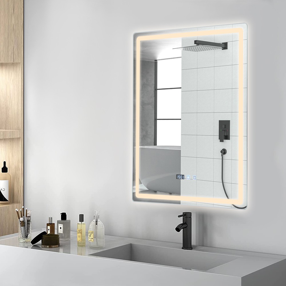LED-Bathroom-Mirror Rectangular Dimmable Anti-Fog Mirror w/ Light Wall Mounted
