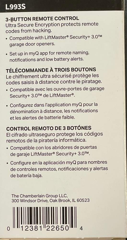 L993S Liftmaster 3 Button Visor Remote