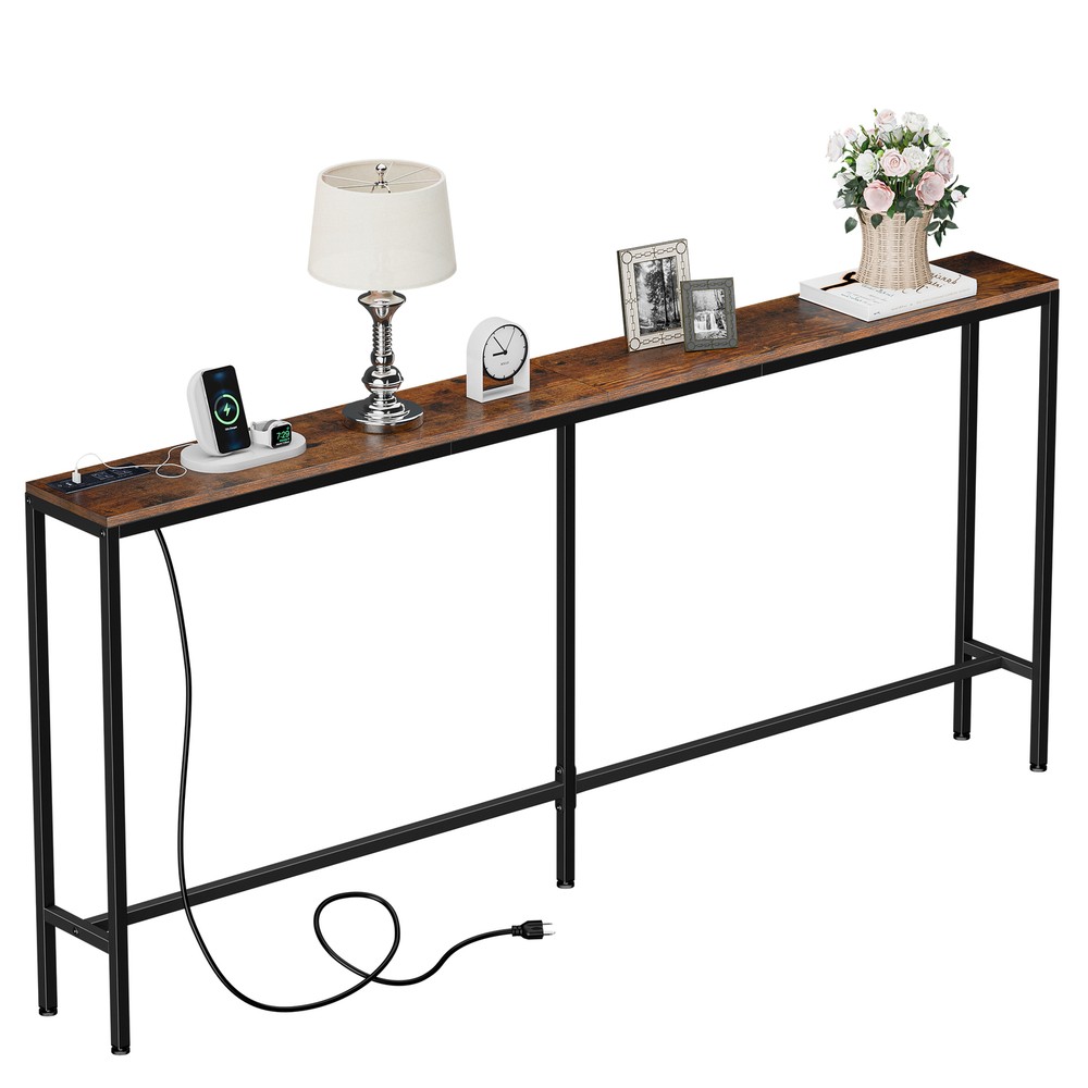 70" Console Table with Power Outlets and USB Ports Narrow Sofa Table Rustic Brow