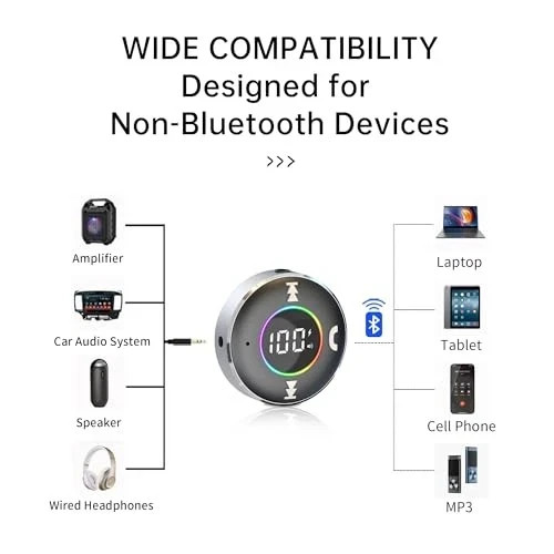 Bluetooth Receiver for Car, Bluetooth 5.3 AUX Adapter with LED Battery Silver
