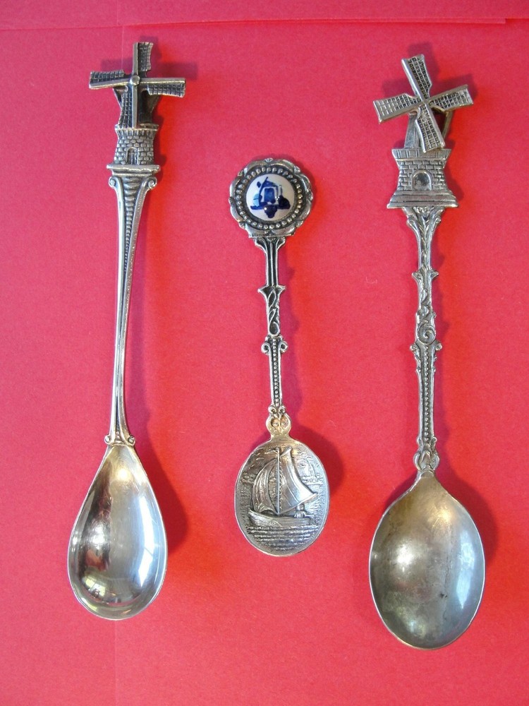 3 Vintage Silverplate Souvenir Dutch Holland Decorative Spoons Windmill Delft