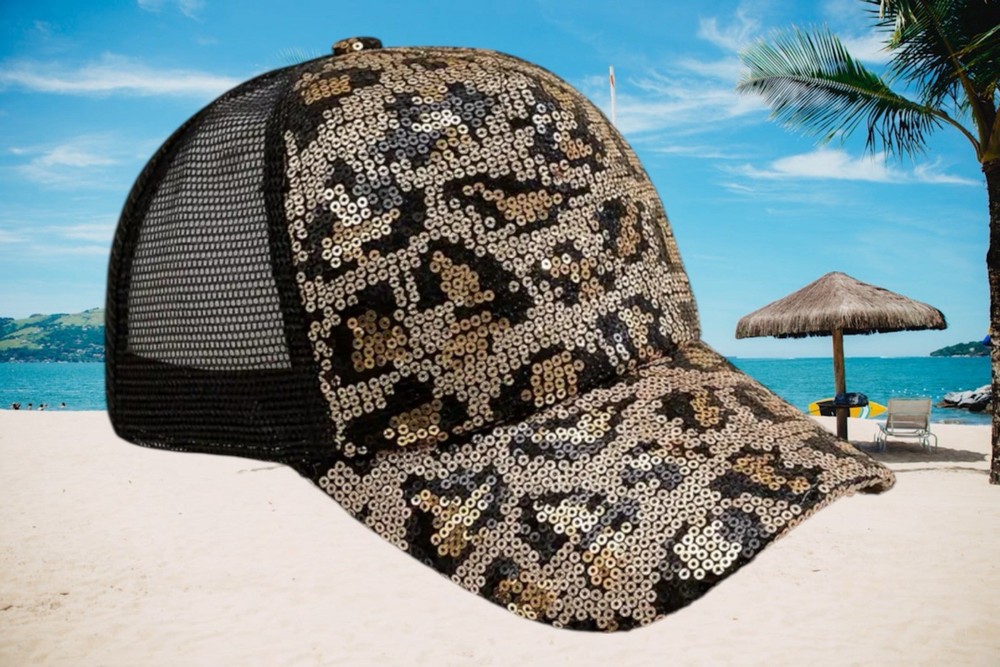 Baseball Cap Leopard Print Cap Hat Mesh, Sequins & Adjustable Back US Seller