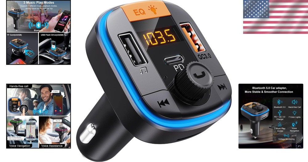 Car Bluetooth FM Transmitter with LED Backlight - Fast Charging & Music Play