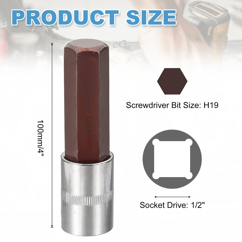 Hex Bit Socket H19 1/2" Drive 4" Length S2 Steel Long Bit CR-V Socket