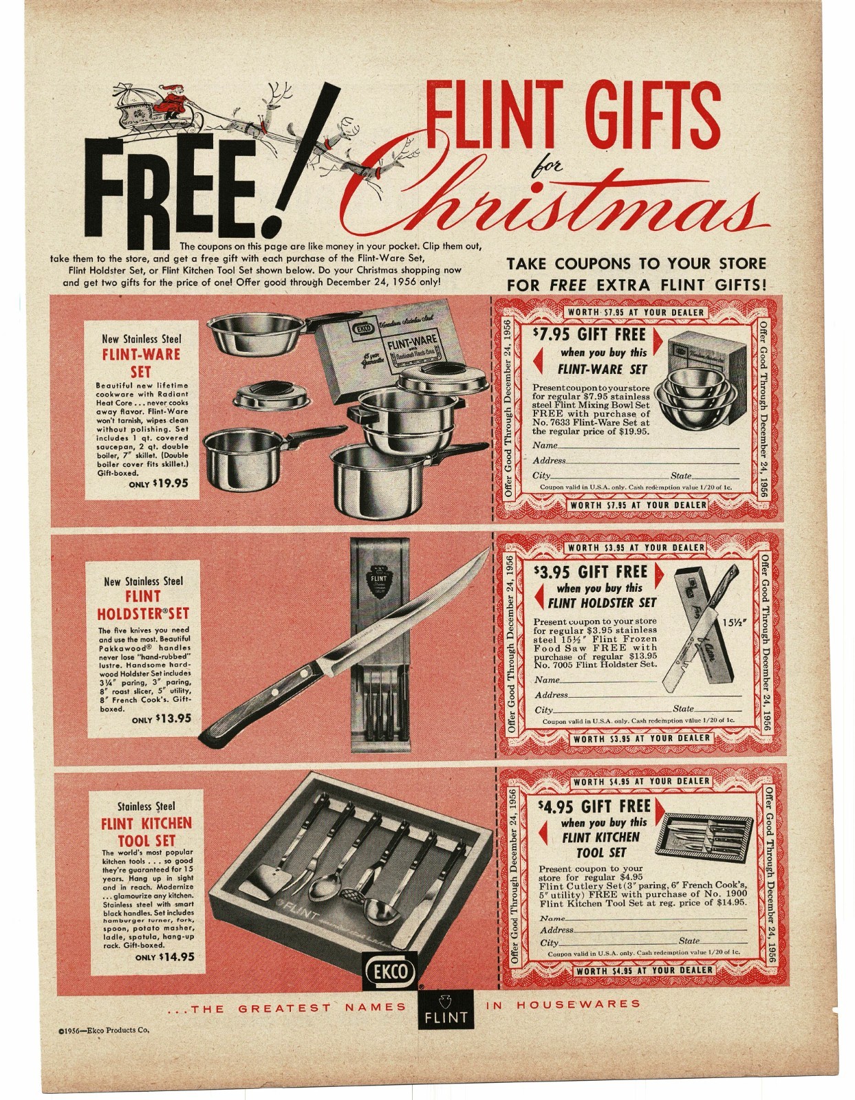 1956 Flint-Ware Cookware Pots Pans Knives Holdster Kitchen Tools Print Ad EKCO