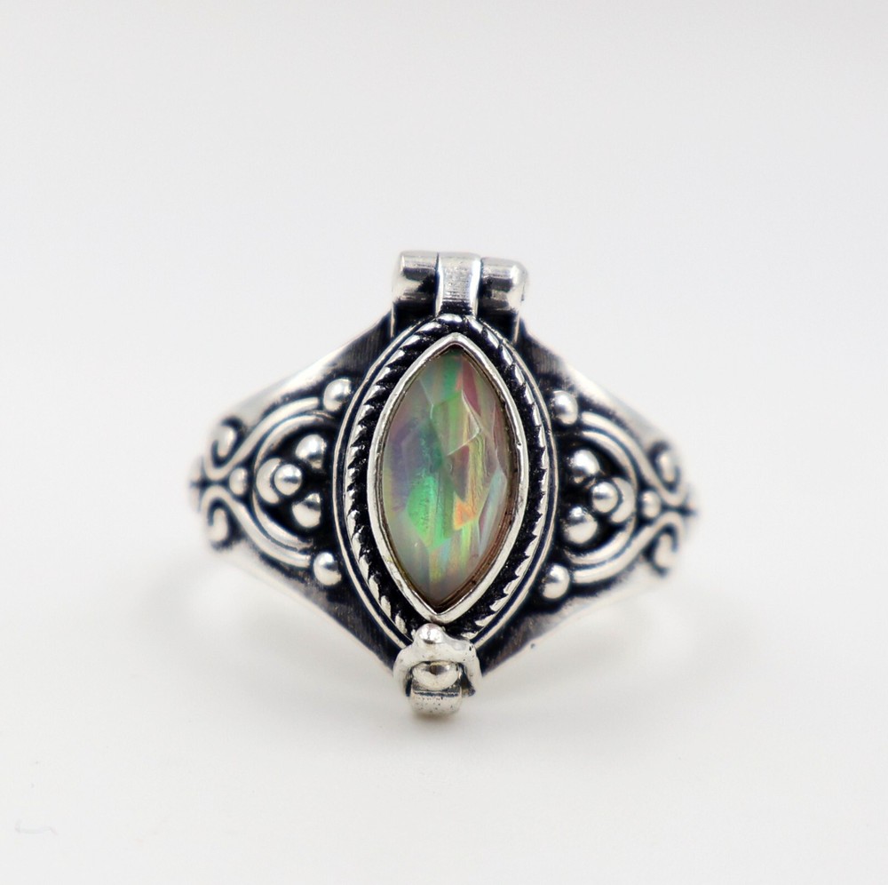Aurora Opal Stone Poison Ring, 925 Silver Platted, Compartment Pill Box Ring