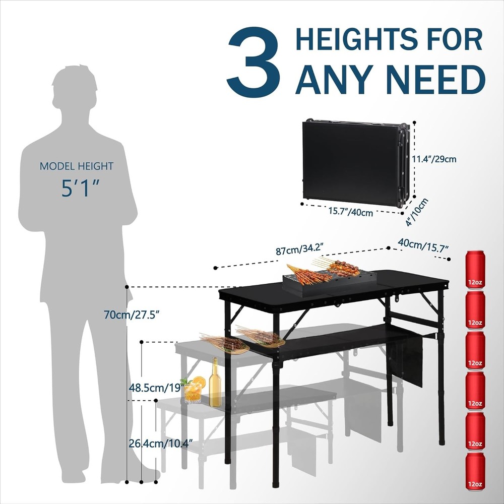 Folding Camping Table W/ 3 Adjustable Height 3ft Foldable Aluminum Camp Table