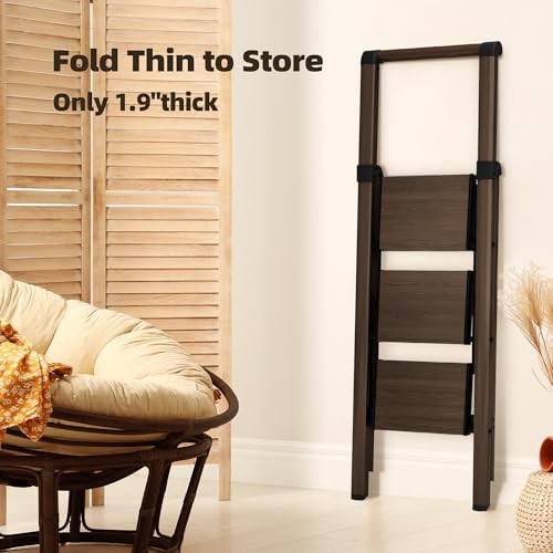 3 Step Foldable Aluminum Step Ladder with 3 Step With Handrail Walnut