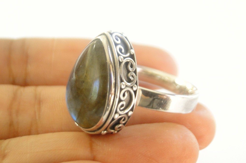 Labradorite Solitaire Ornate Pear Shape Sterling Silver Ring Size 8 1/2