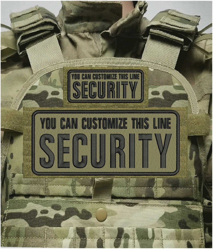 CUSTOMIZE SECURITY EMBROIDERY PATCH 4X10 & 2X5 HOOK ON BACK BLACK ON COYOTE TAN