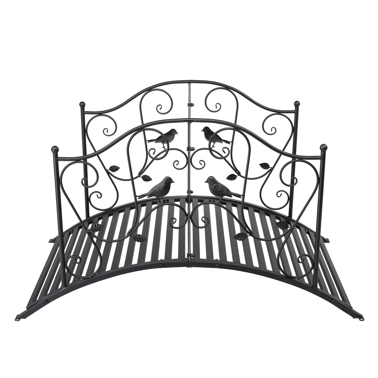 3.9FT Rustic Black Iron Bridge Courtyard Garden W/Bird Pattern Arched Handrails