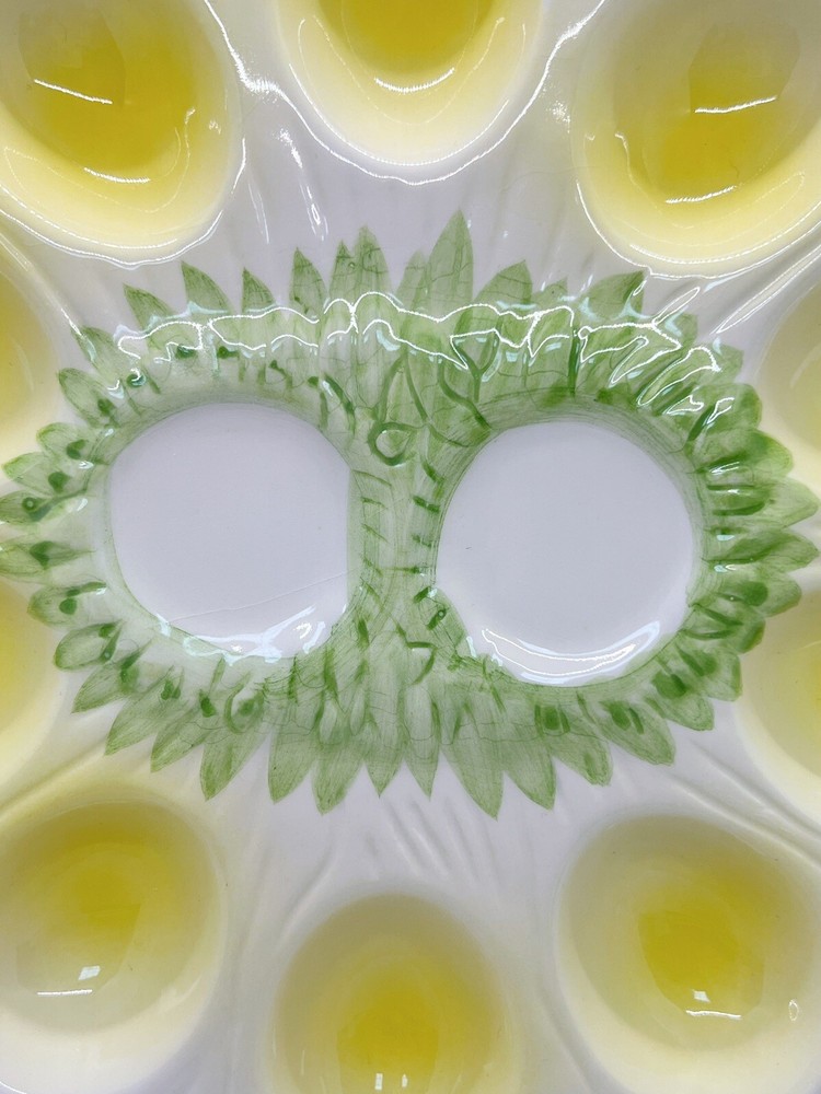Vintage Ceramic ?Enesco Easter deviled eggs platter round, green/yellow/red 9”