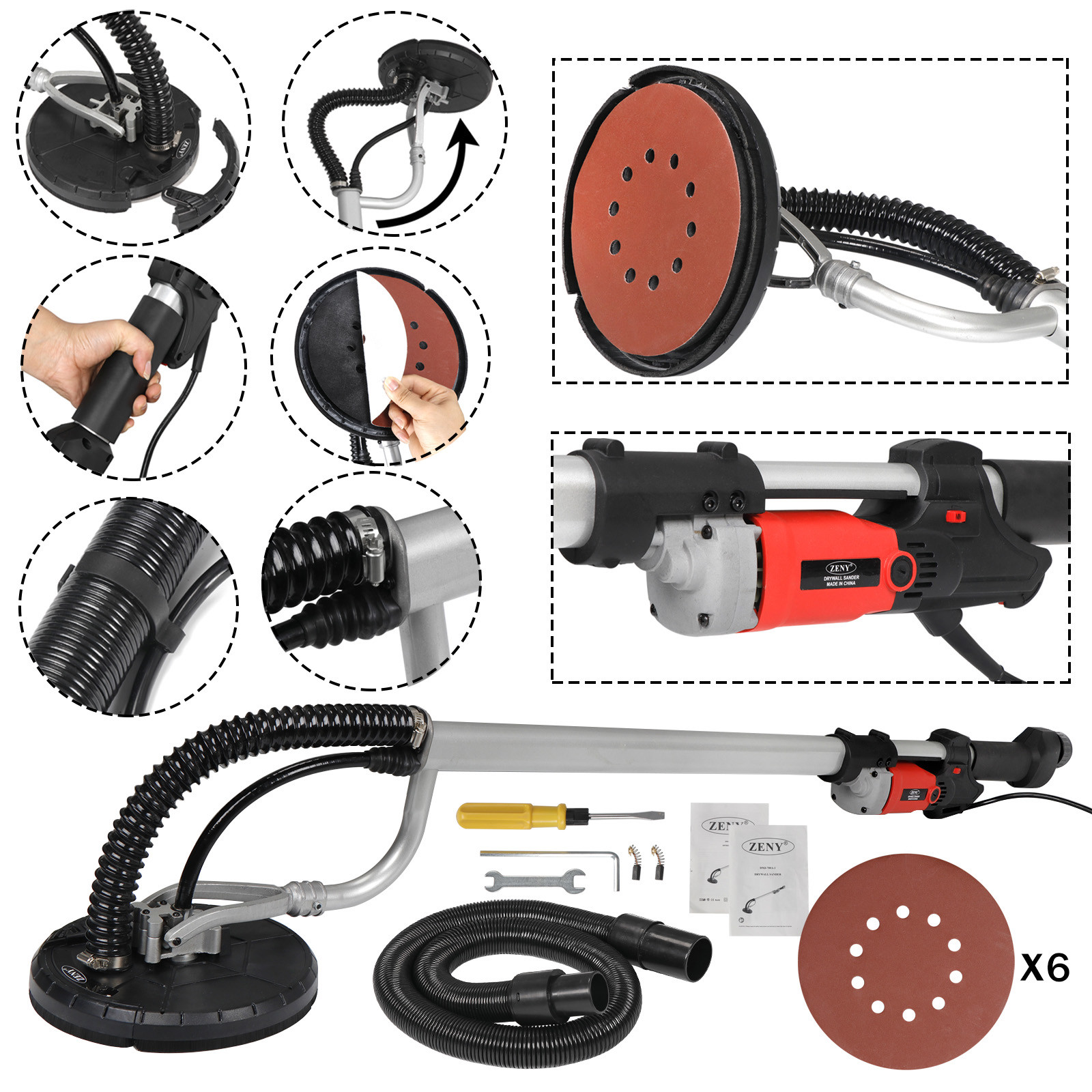 Drywall Sander 800W Electric Wall Sander 6 Variable Speed with 6 Sanding Discs