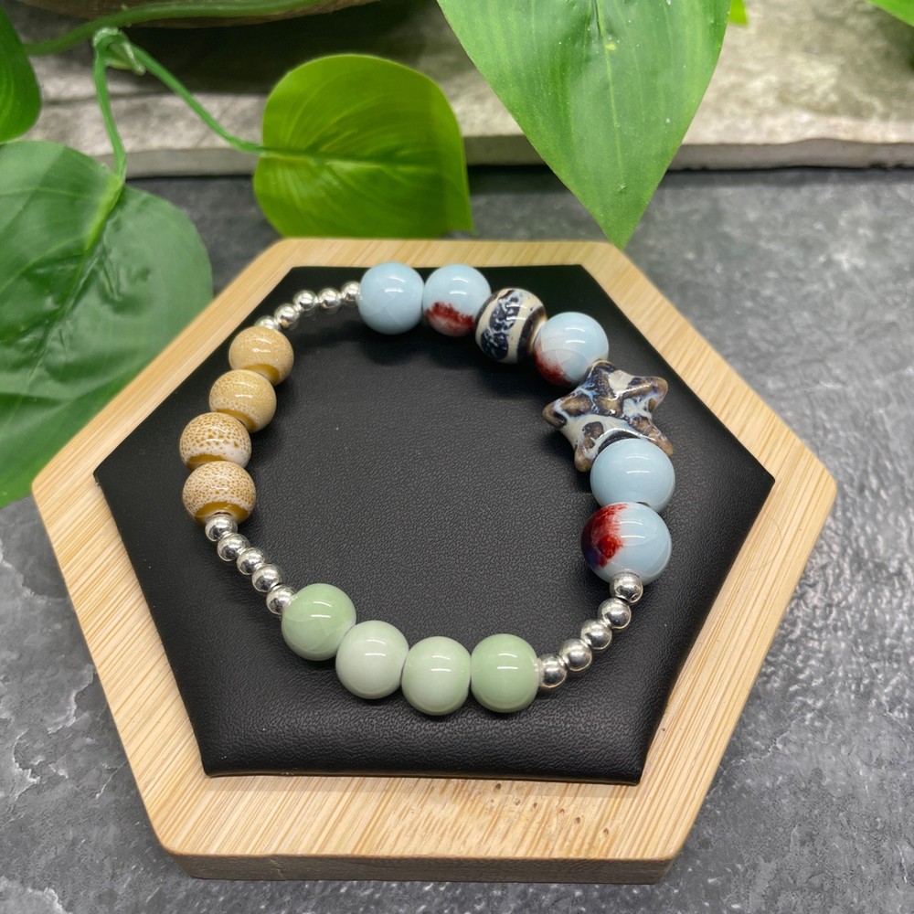 Handmade Ceramic Bead Beaded Stackable 6.25” Plus Stretch Bracelet New B499