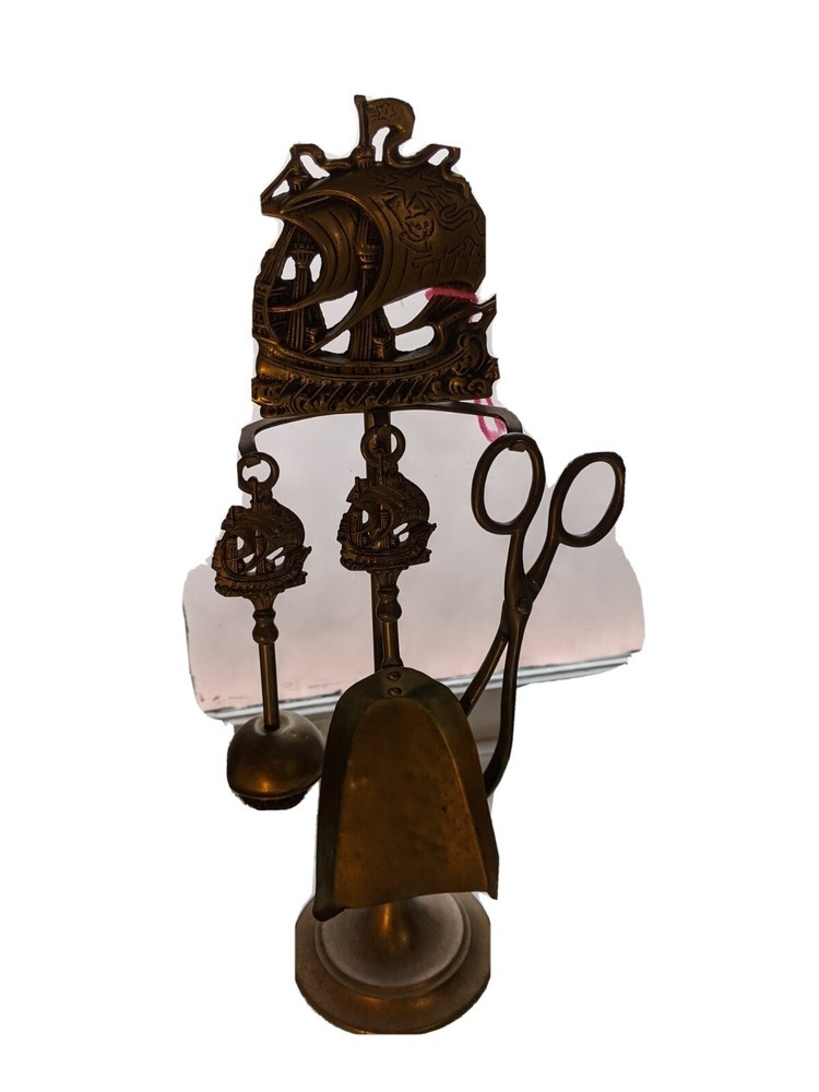 Antique British Brass Fireplace Set 4pc. Nautical Theme Clipper Ship