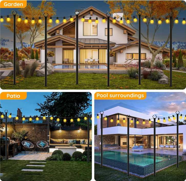 6 Pack 10ft Outdoor String Light Poles, Rustproof, Adjustable, with Hooks & Deck