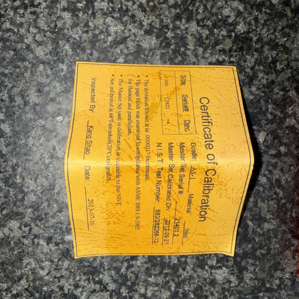 1" Rectangular Steel Gage Block Accuracy Grade AS-1, Includes Cert.