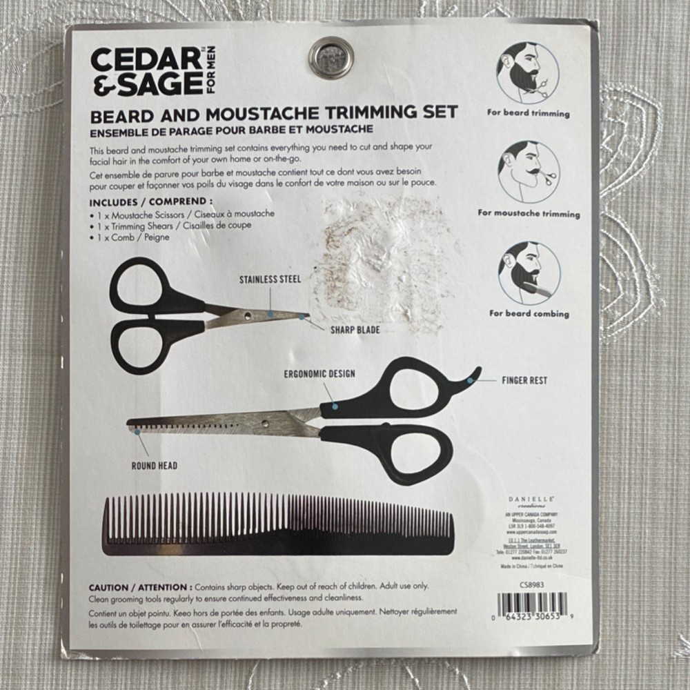 Cedar & Sage Beard & Moustache Trimming Set Black Silver Scissors Shears Comb