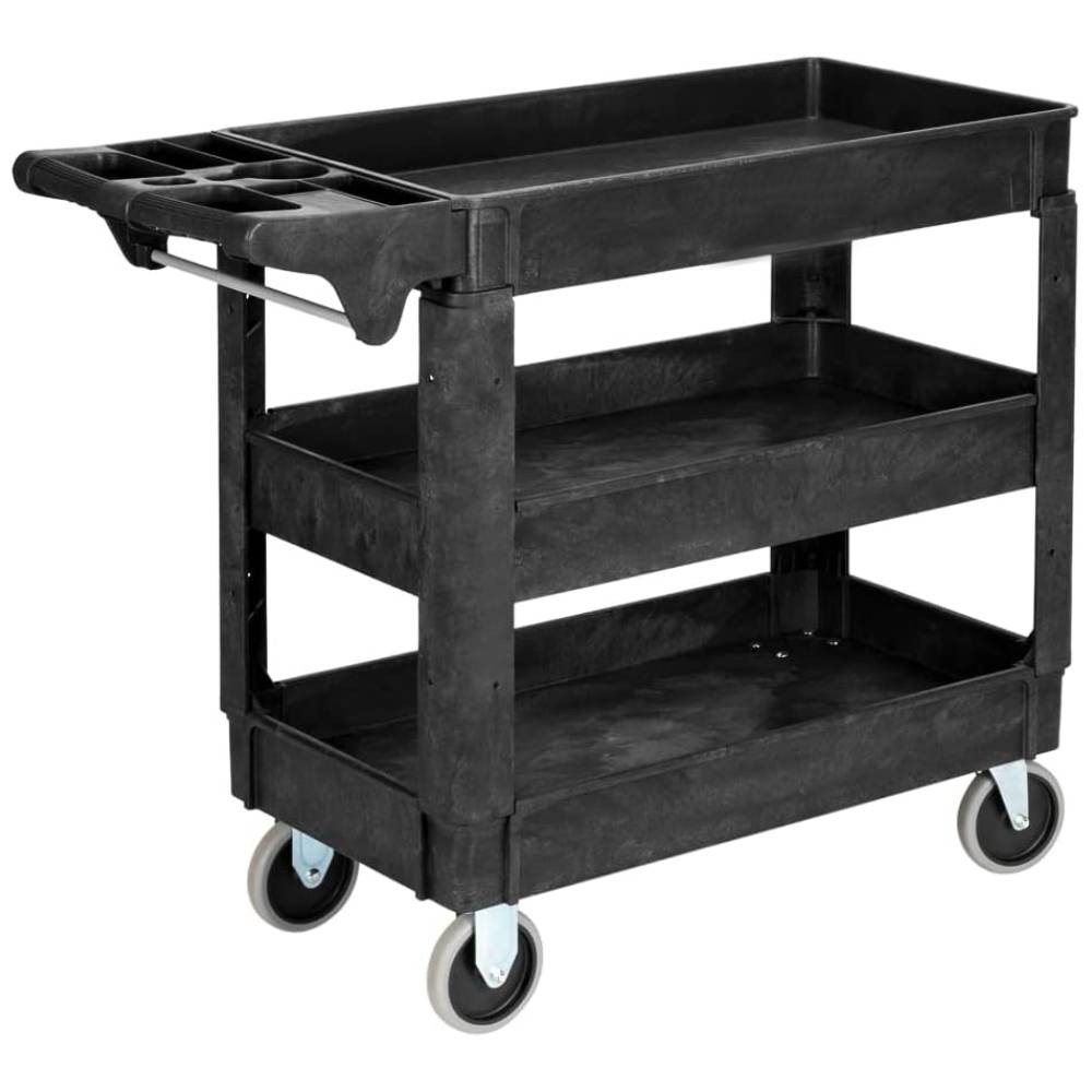 Heavy Duty Plastic Service Utility Cart with 3 Shelves / Ergonomic Handle Black