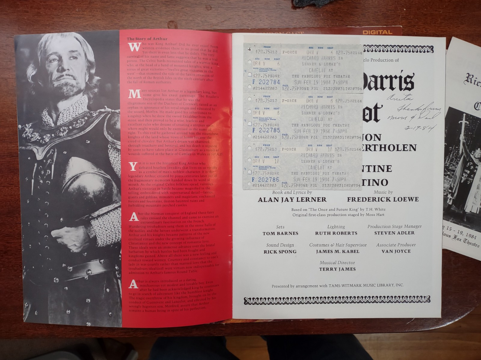 1983 CAMELOT Programs, Ticket Stubs & LP Record - Richard Harris Atlanta Fox