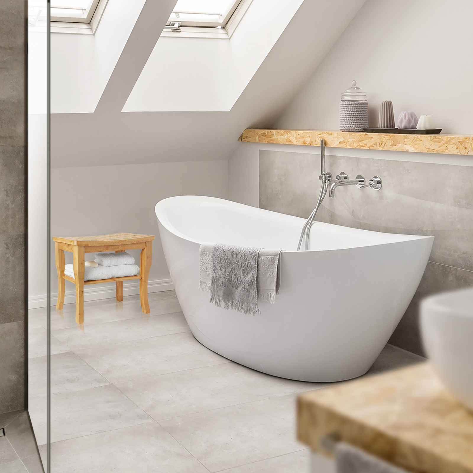 Bamboo Shower Bench with Storage Shelf, Wood Bathroom Spa Stool Seat for Bathtub