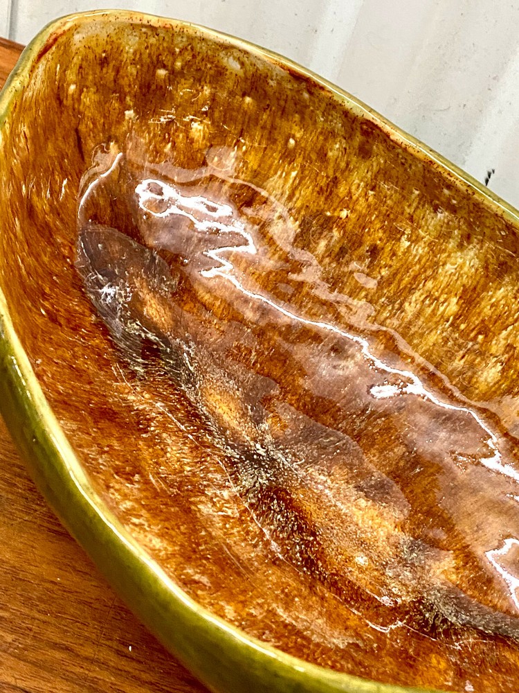 Vintage 1963 Drip Glazed Pottery Leaf Bowl / Planter Signed & Dated