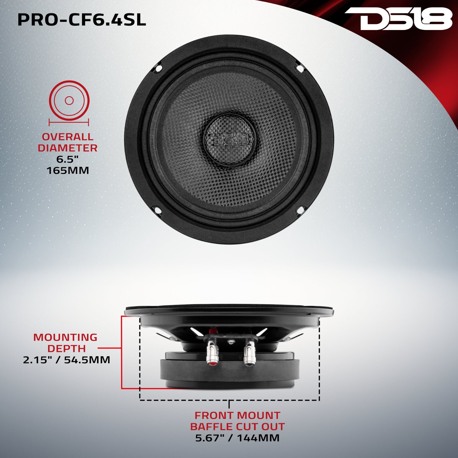 DS18 PRO-CF6.4SL 6.5" Slim Motorcycle Speaker 250W Carbon Fiber Water Resistant